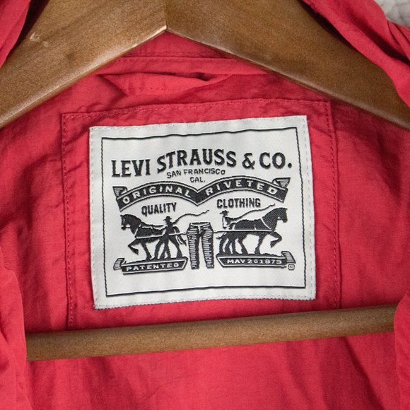 Levis Jacket Mens Medium Red Blue Oversized Half Zip Hooded Nylon Retro Striped - Picture 10 of 12